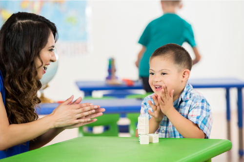 Professional working with child doing a special education assessment. 