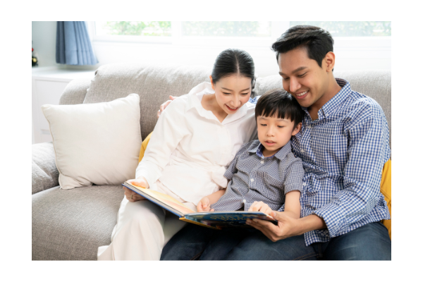 Parents reading social story with child