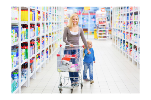 Child successfully navigating grocery store in the community with her parent. 