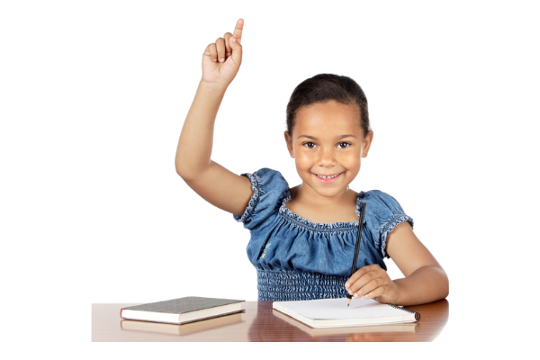 Student practicing raising hand as part of their behavior chart goals. 